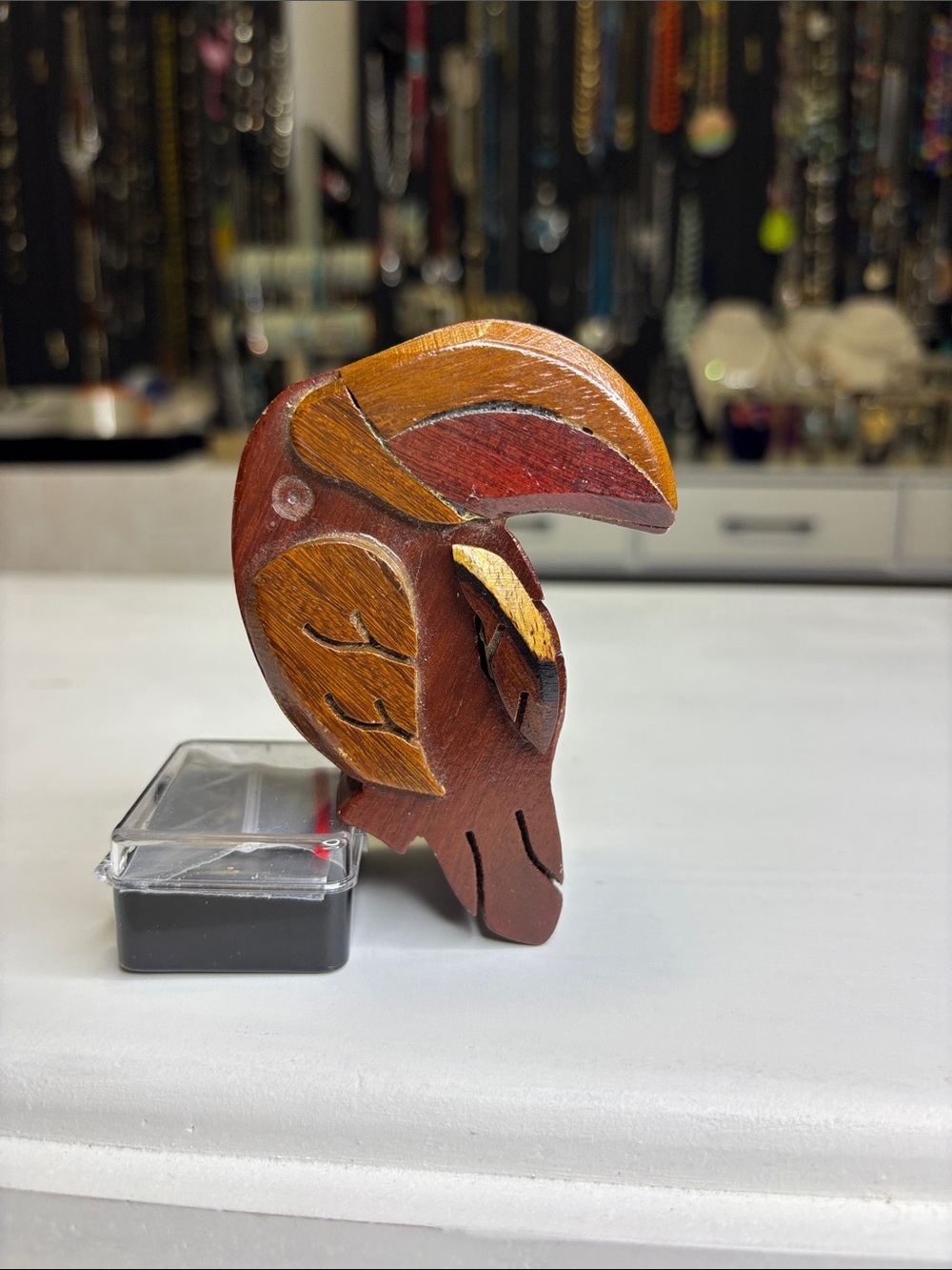 Vintage Wood Toucan Art Puzzle Box Secret Hidden Compartment Trinket Box